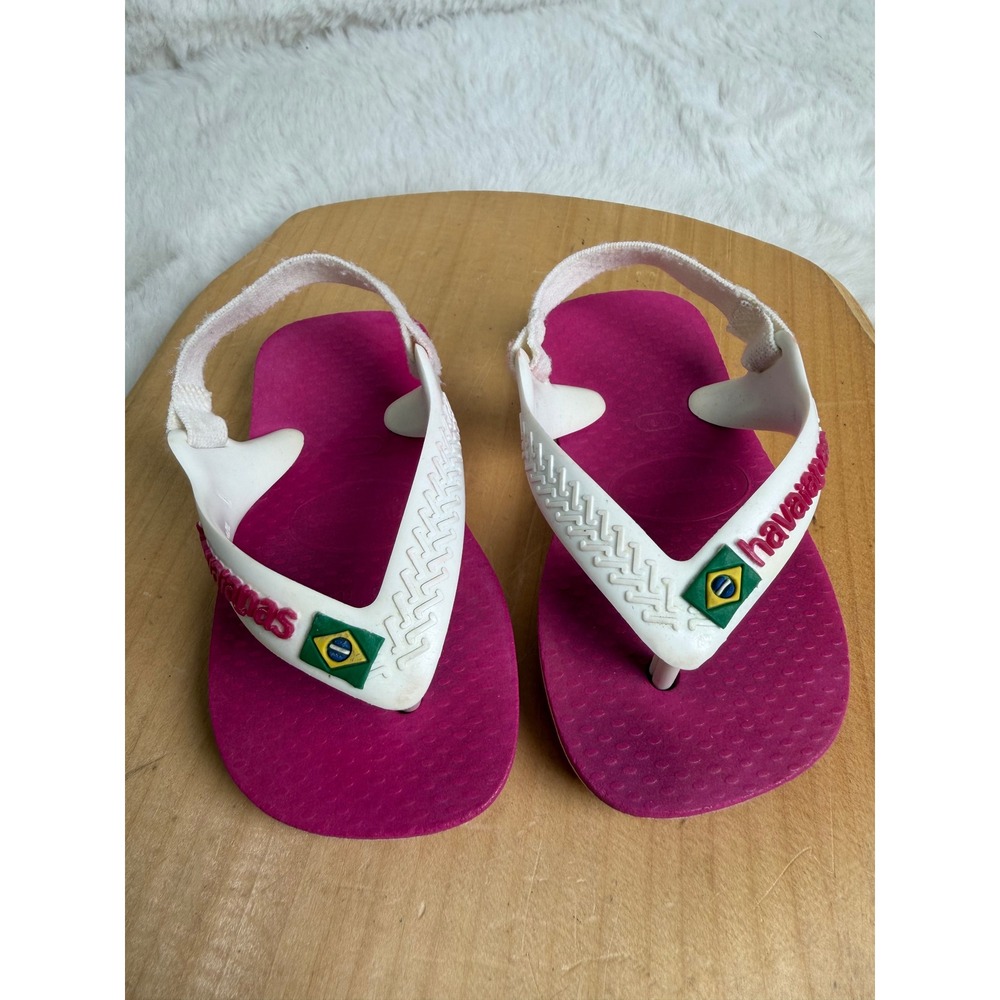 Havaianas Brazil Logo Baby Flip Flops Pink White Size 5C Elastic Backstrap